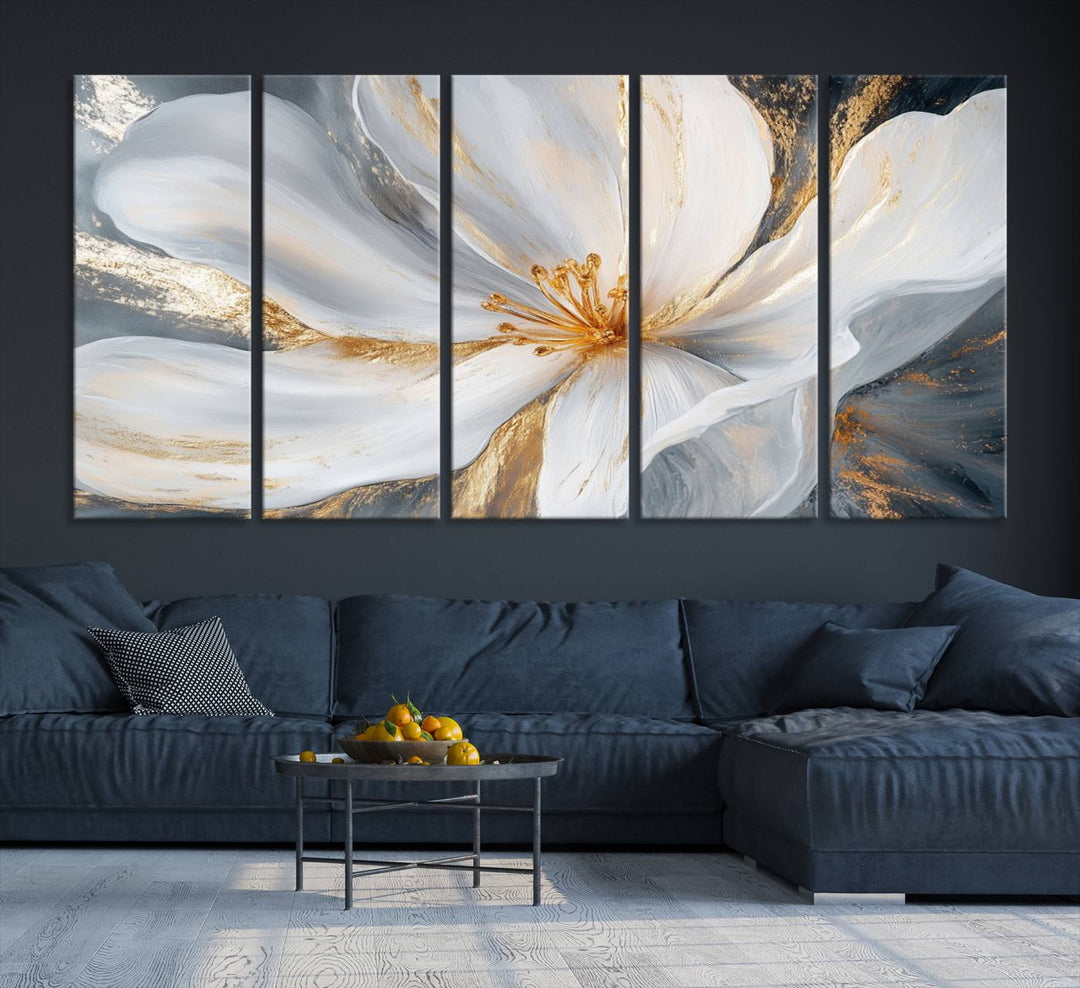 White and Gold Floral Canvas Wall Art - Framed and Ready to Hang - Perfect for Modern Living Rooms