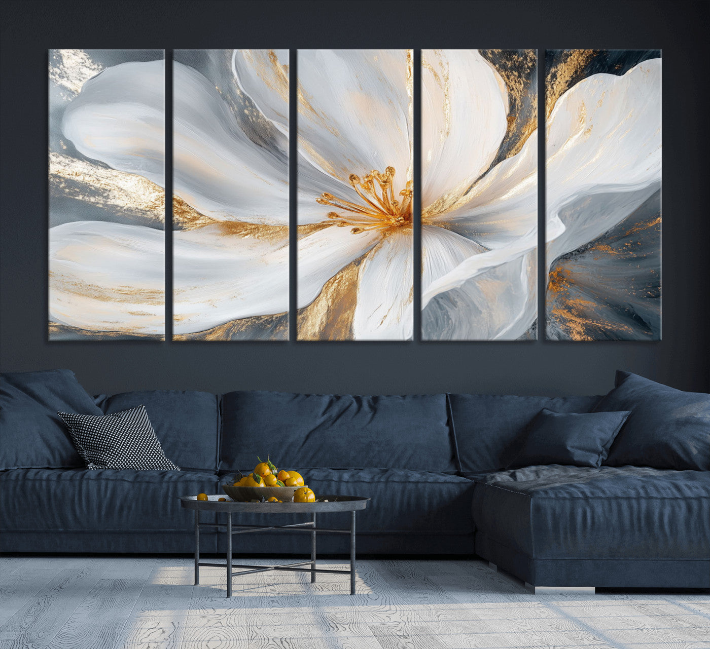 83149-MGV-CV-36X24-White and Gold Floral Canvas Wall Art - Framed and Ready to Hang - Perfect for Modern Living Rooms
