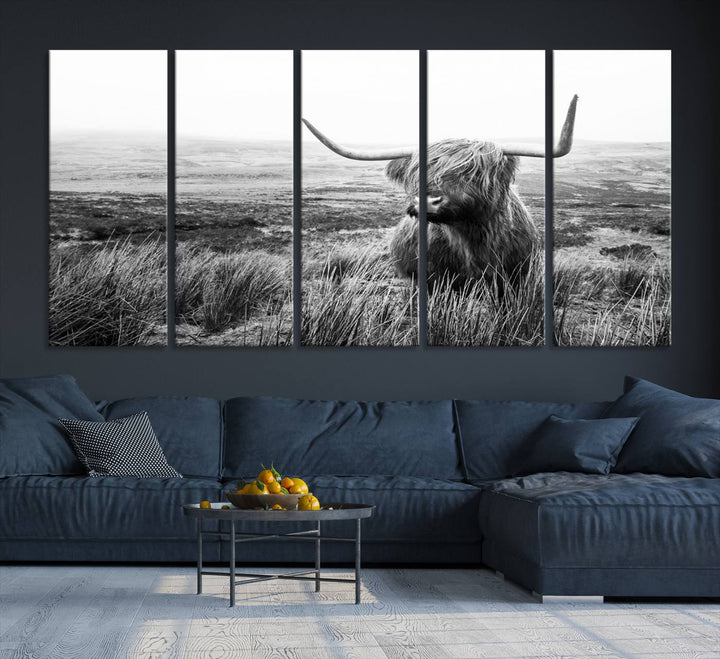 Scottish Highland Cow Wall Art | Black and White Canvas Print | Ready to Hang and Framed | Rustic Farmhouse Wall Decor for Living Room or Office