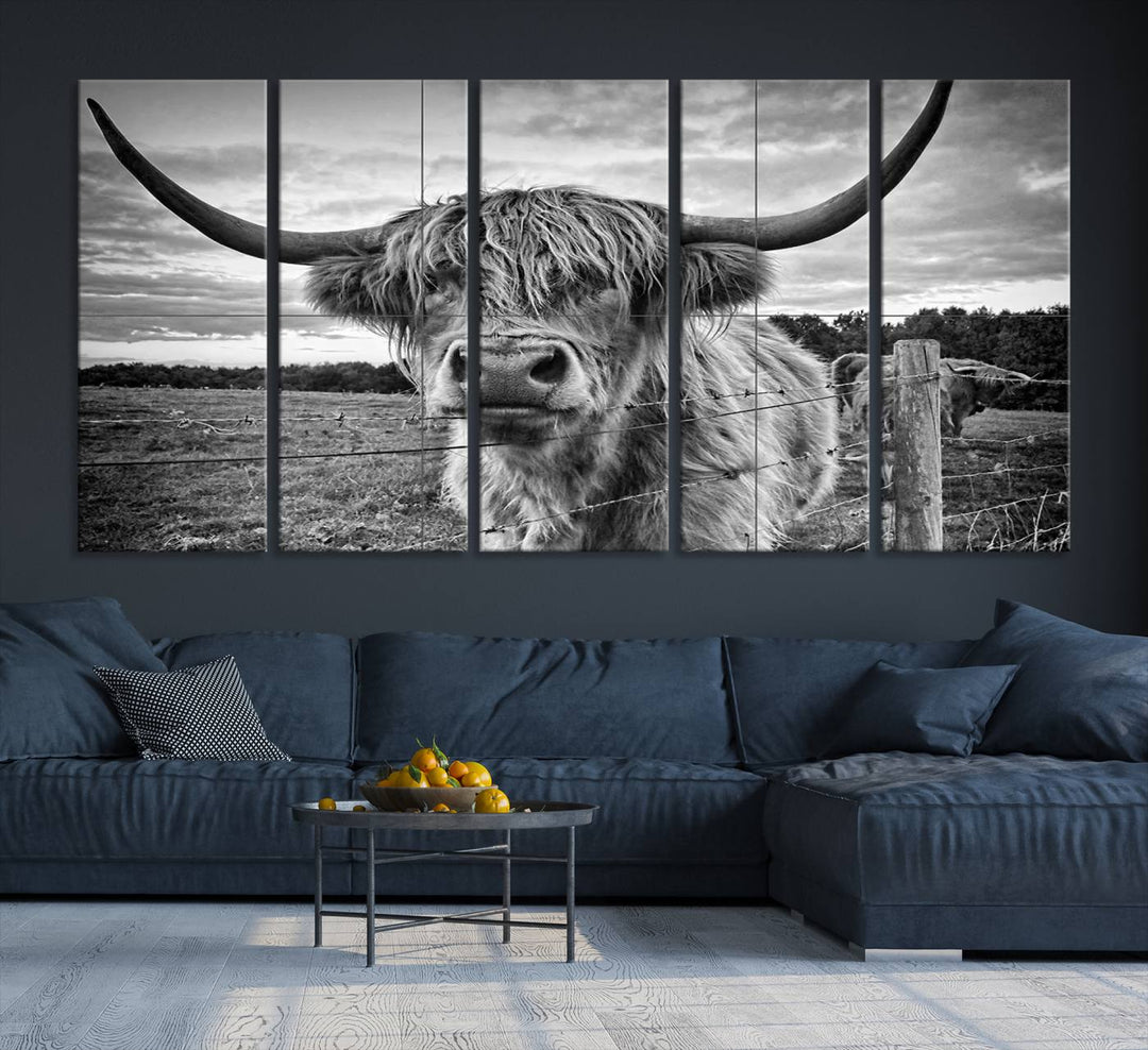 Scottish Highland Cow Wall Art Canvas Print | Ready to Hang and Framed | Rustic Farmhouse Decor