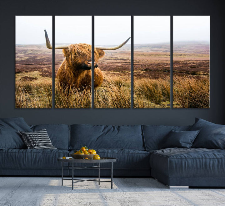 Scottish Highland Cow Wall Art Canvas Print | Ready to Hang and Framed | Rustic Farmhouse Decor for Living Room or Cabin