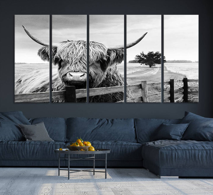 Scottish Highland Cow Wall Art | Rustic Farmhouse Décor | Black and White Ready to Hang Canvas Print