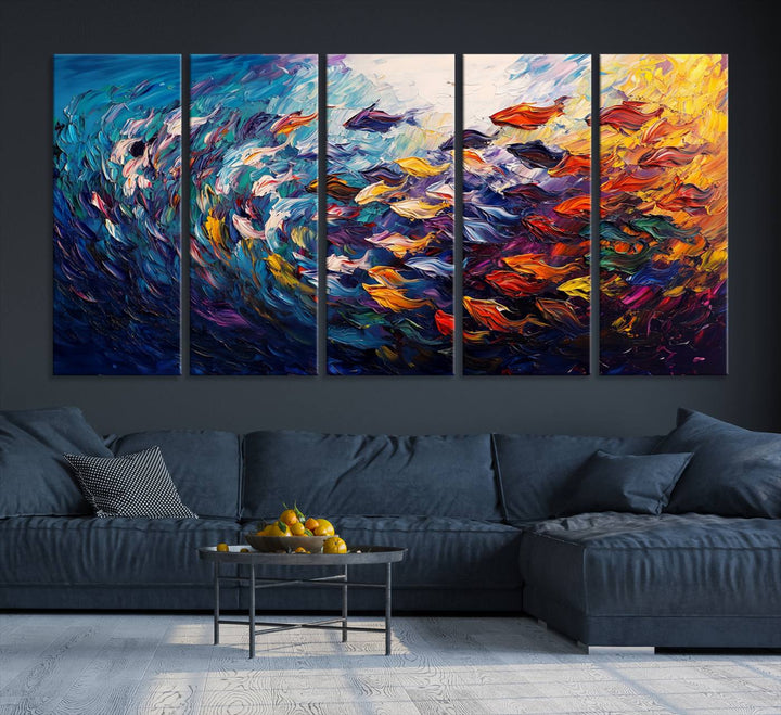 Vibrant Abstract Fish Swarm Art – Colorful Fish Inspired 3-Piece Canvas Wall Art for Living Room or Office – Framed and Ready to Hang