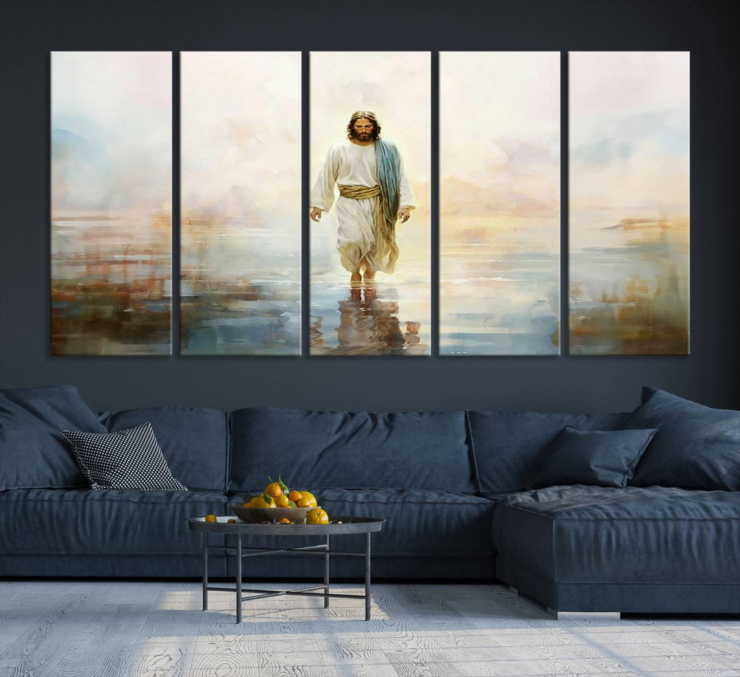 The 3-panel Framed Jesus Walking on Water Wall Art showcases a serene religious scene.