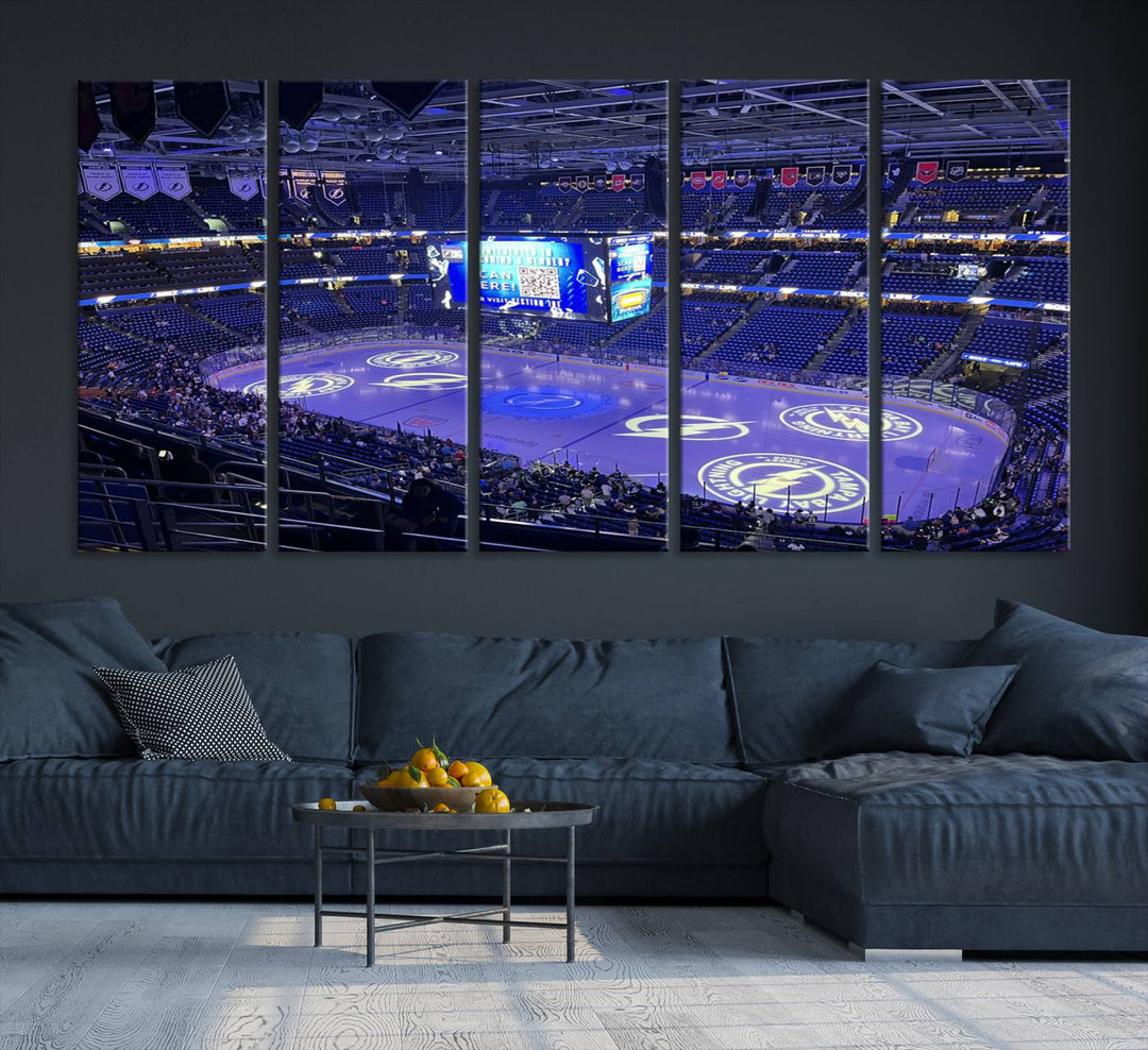 The wall art canvas print at Amalie Arena features team logos on ice, encapsulating the vibrant atmosphere of an NHL hockey stadium.