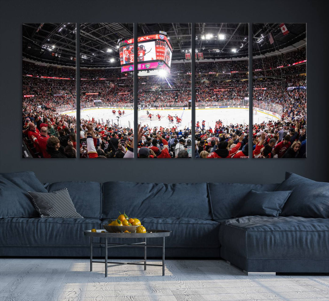 The wall art, a high-quality basketball arena canvas, evokes the excitement of fans cheering at the Amerant Bank Arena.