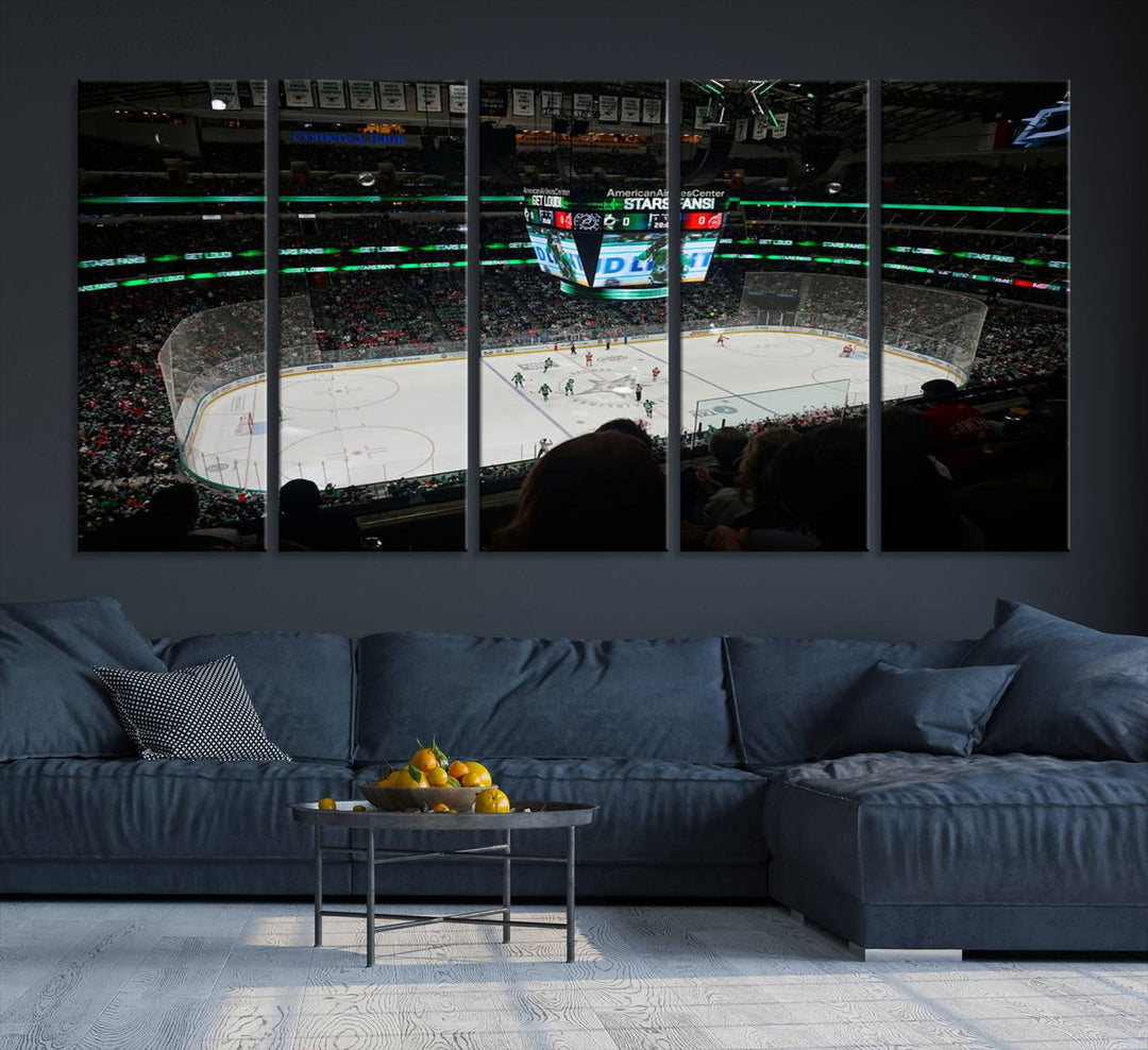 The Dallas Stars Wall Art Canvas Print is as clear as the scoreboard stats at a hockey game in a large arena with bright lights.