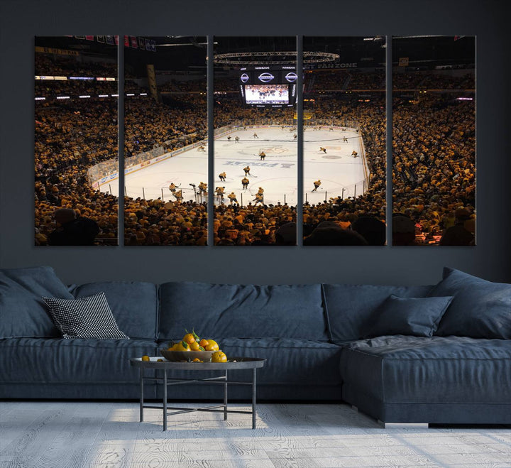 A captivating triptych canvas print, titled "Bridgestone Arena - Nashville Predators Hockey Team Print," adorns the wall. This Nashville wall art canvas print is perfect for Predators fans who appreciate sports-themed decor.