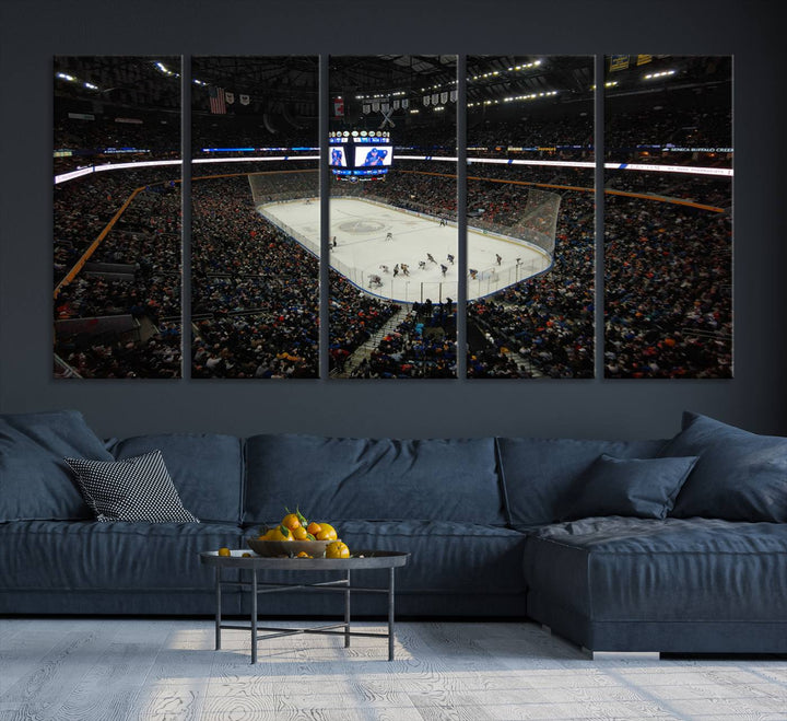 The nautical-themed room is enhanced by the KeyBank Center New York Buffalo Sabres Hockey Stadium Wall Art Canvas Print, a three-panel depiction of a bustling hockey arena with a gallery-quality finish. This canvas artwork, handmade in the USA, introduces an element of sporting elegance to your decor.