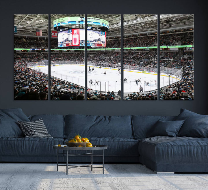 A packed ice hockey arena buzzes with energy as players glide on the ice and a large screen displays scores. The indoor decor features Sharks Arena Blackhawks Sharks Ice Hockey Stadium Wall Art Canvas Prints, creating an unexpected yet charming sporting atmosphere reminiscent of a gallery.