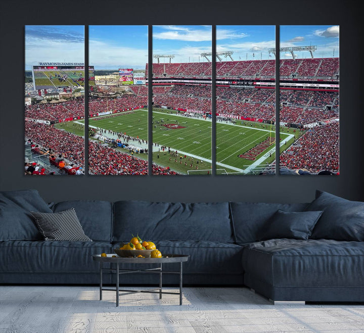 The Florida Tampa Raymond James Stadium Wall Art Canvas Print is featured above the cabinet.