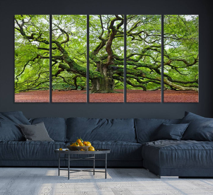 Framed Angel Oak Tree Wall Art - 3-Panel Canvas Prints, Large Green Nature Artwork, Ready to Hang Home Decor for Living Room, Office, Bedroom