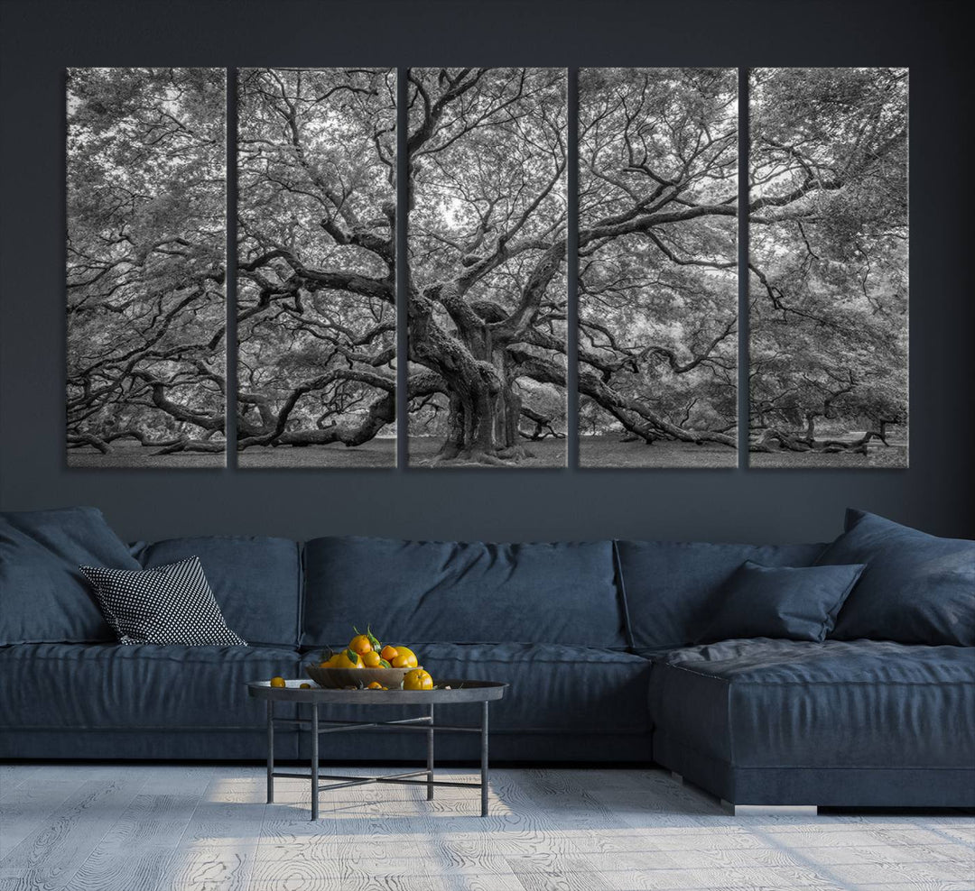 Majestic Angel Oak Tree Black and White Canvas Print – Multi Panel Wall Art, Giclée Print, Ready to Hang Nature Photography for Home Decor