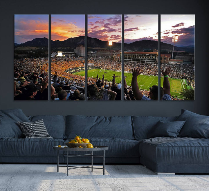 The Folsom Field Stadium Print beautifully captures the Colorado Buffaloes stadium at sunset, set against a stunning mountain backdrop.
