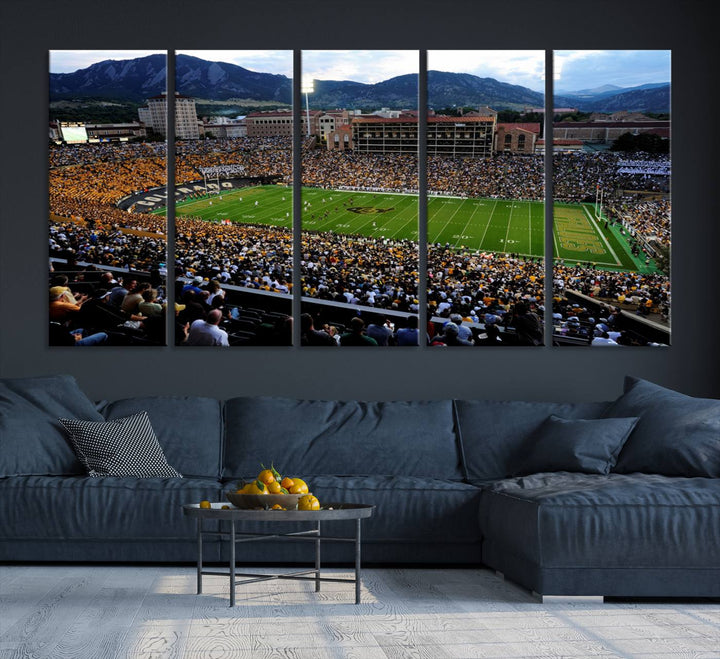 A canvas print captures the Colorado Buffaloes at Folsom Field, framed by mountains in the background.