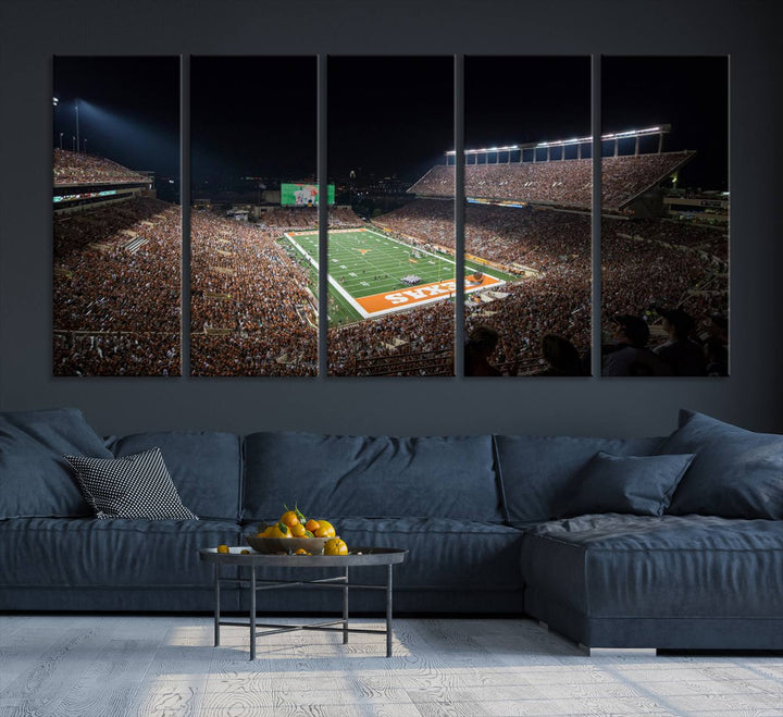 A football game at a packed stadium is captured on the University of Texas Longhorns Stadium Canvas Print.