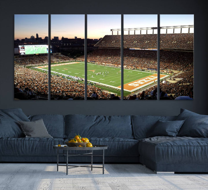 The Evening Game canvas art captures a glowing sunset and skyline at Texas Longhorns Darrell K Royal Stadium.