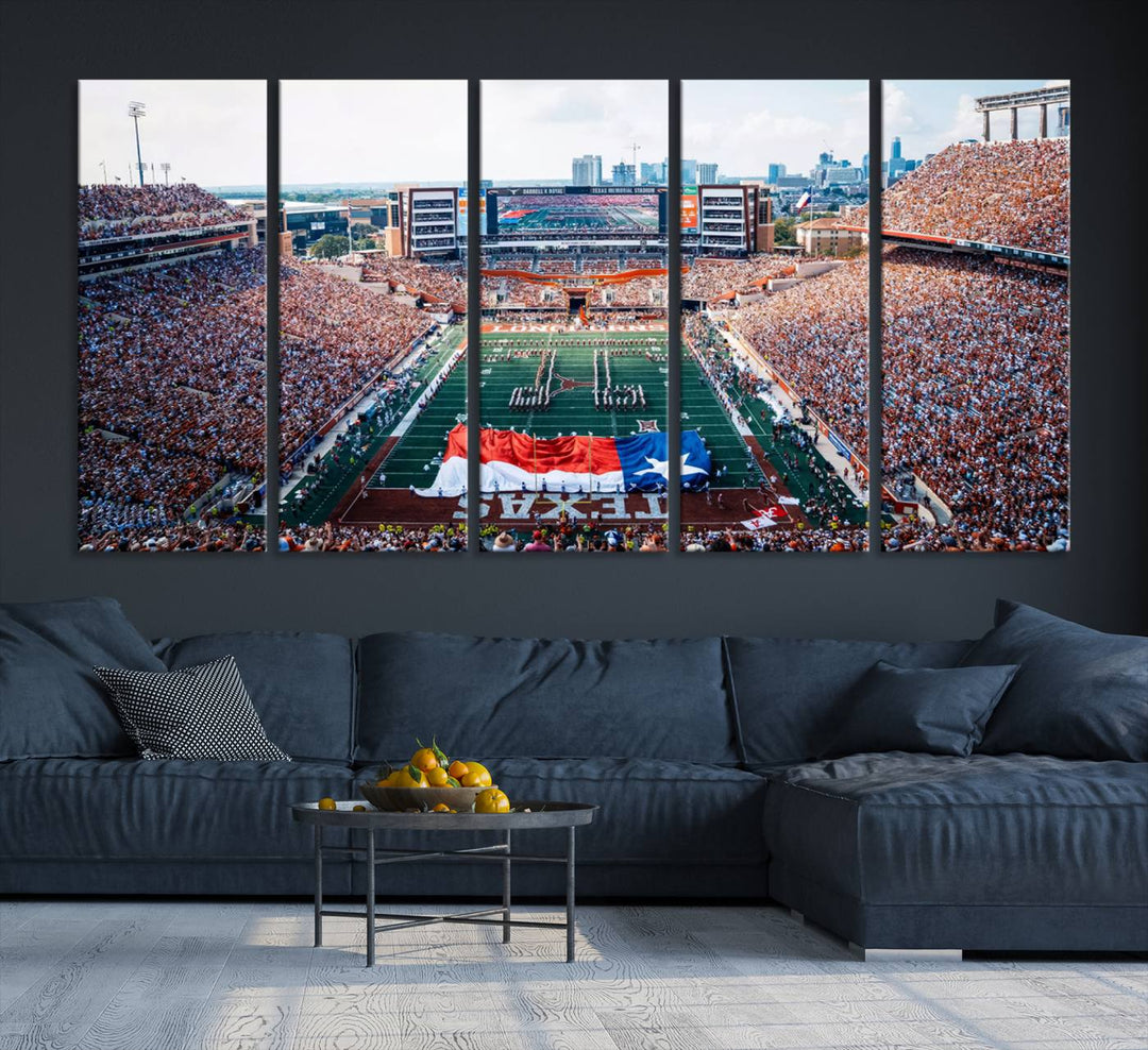 University of Texas Longhorns canvas: A premium print depicting Darrell K Royal-Texas Memorial Stadium with the city skyline and Texas flag.