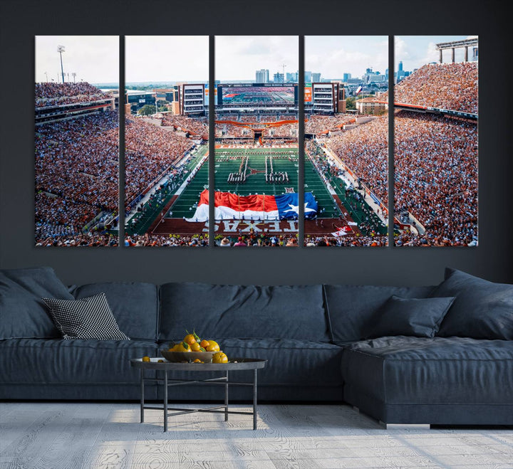 University of Texas Longhorns canvas: A premium print depicting Darrell K Royal-Texas Memorial Stadium with the city skyline and Texas flag.