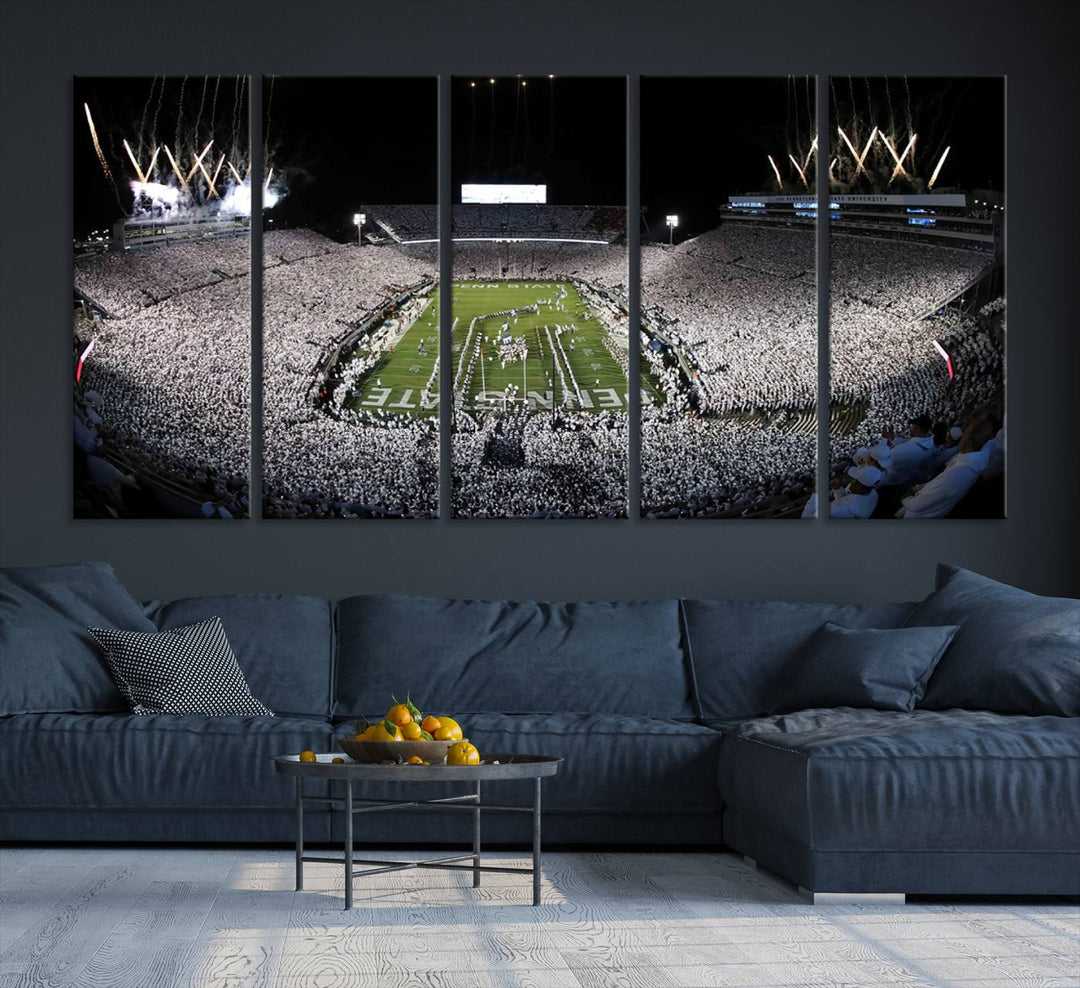 Wide-angle print of a packed stadium with fireworks, ideal gallery-quality wall art - Penn State Nittany Lions Canvas.