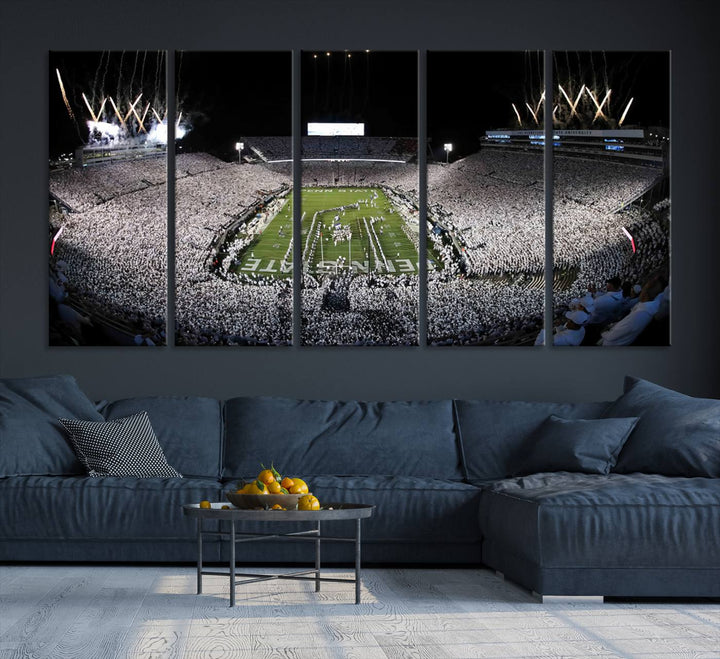 Wide-angle print of a packed stadium with fireworks, ideal gallery-quality wall art - Penn State Nittany Lions Canvas.