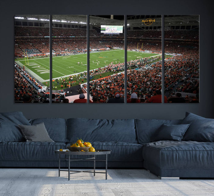 Aerial view of a Miami Hurricanes game at Hard Rock Stadium captured on canvas print, showcasing the teams on the field and fans in the stands.