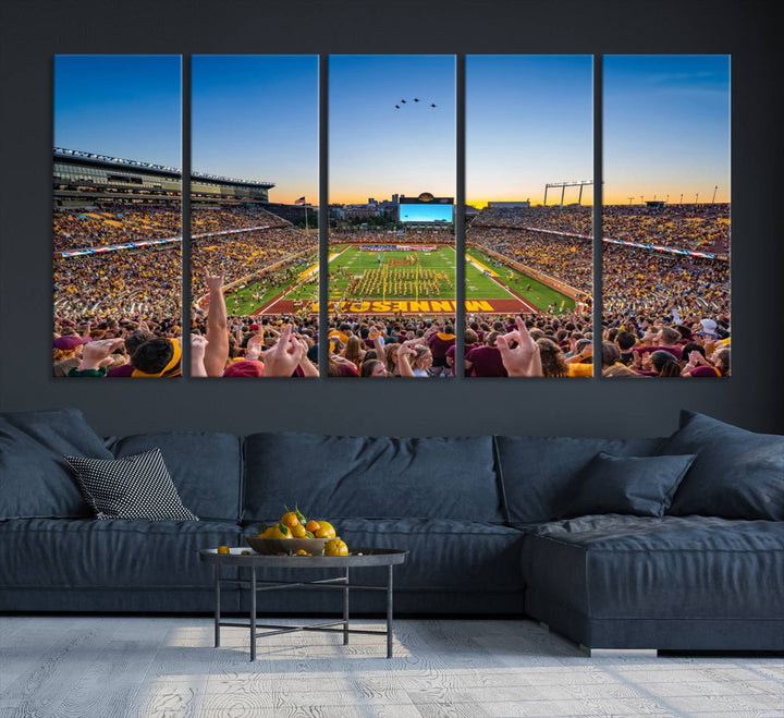 Canvas wall art featuring the University of Minnesota Football Team print, showcasing Huntington Bank Stadium at sunset with jets overhead.