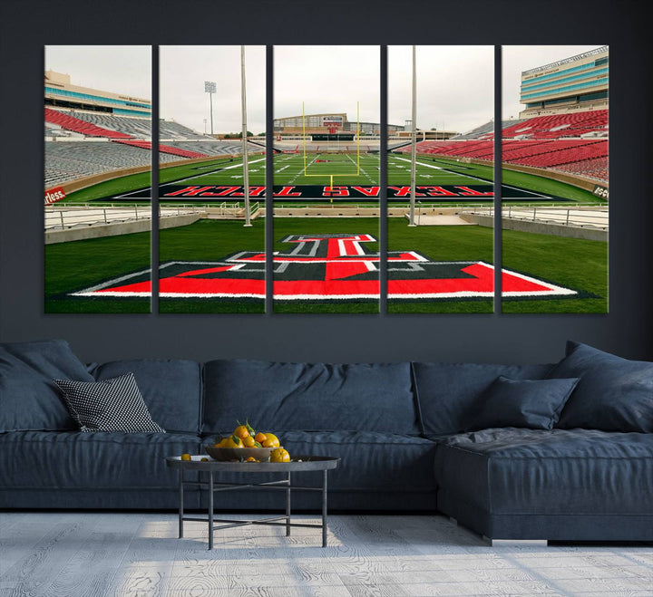 Gallery-quality print of Lubbock Jones AT&T Stadium featuring the Texas Tech Red Raiders field, highlighted by red and gray bleachers.