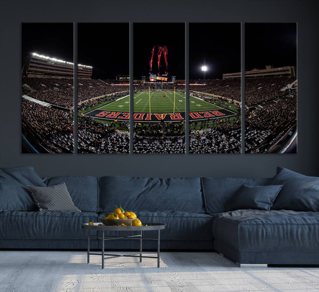 The wall features a Texas Tech Red Raiders Football Team Print on canvas, showcasing fireworks over a packed stadium at night.