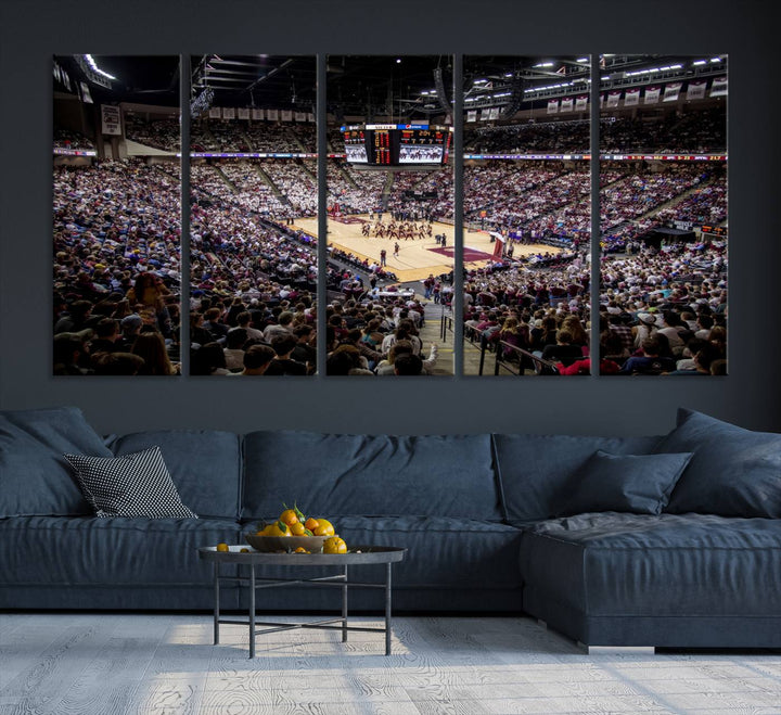 The Nebraska Basketball Arena Wall Art Canvas features an arena filled with Cornhuskers fans and players beneath a scoreboard.