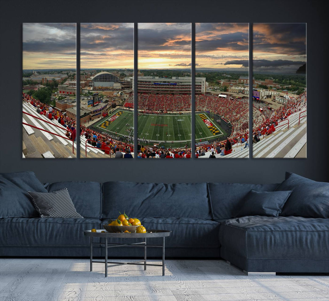 The University of Maryland Terrapins Football Team Print features SECU Stadium at sunset with vibrant skies.