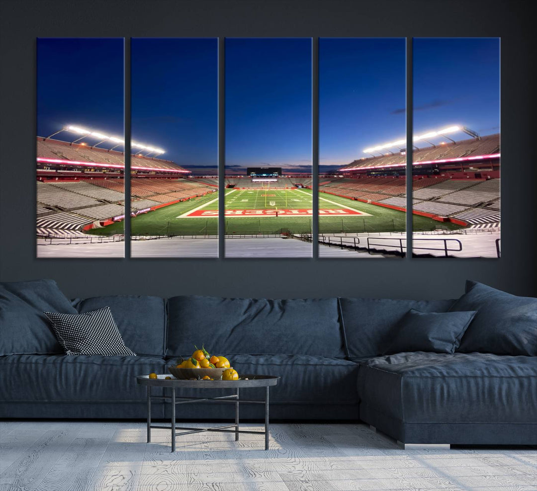 A large SHI Stadium at dusk, ideal for a Rutgers Scarlet Knights Football Team canvas print.