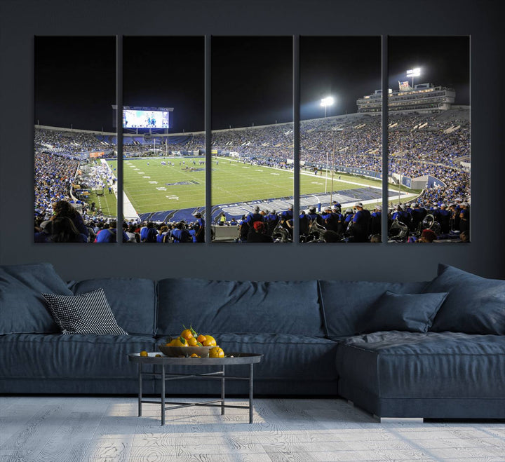 A vibrant depiction of Liberty Stadium at night, highlighting a Tigers football game on the large screen with stands filled with enthusiastic fans.