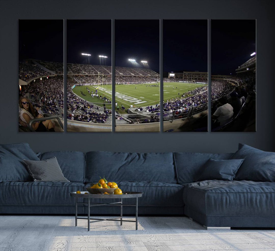 The wall art print features a night view of Amon G. Carter Stadium filled with TCU fans, showcased in the Horned Frogs Football Canvas Wall Art.