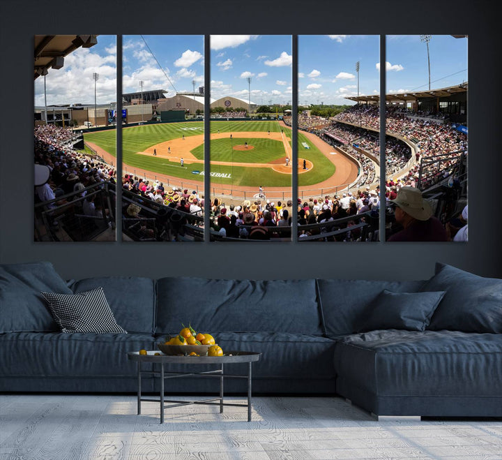 A baseball stadium under a blue sky, capturing the energy of The Texas A&M Aggies Athletics Kyle Field Wall Art.