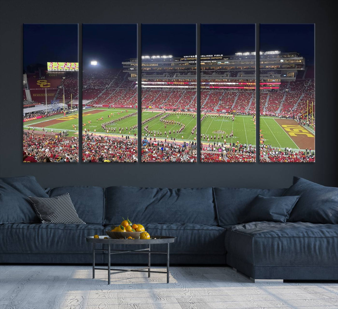 Canvas print depicting a packed stadium at night with a marching band forming USC, celebrating the Trojans at Los Angeles Memorial Coliseum.