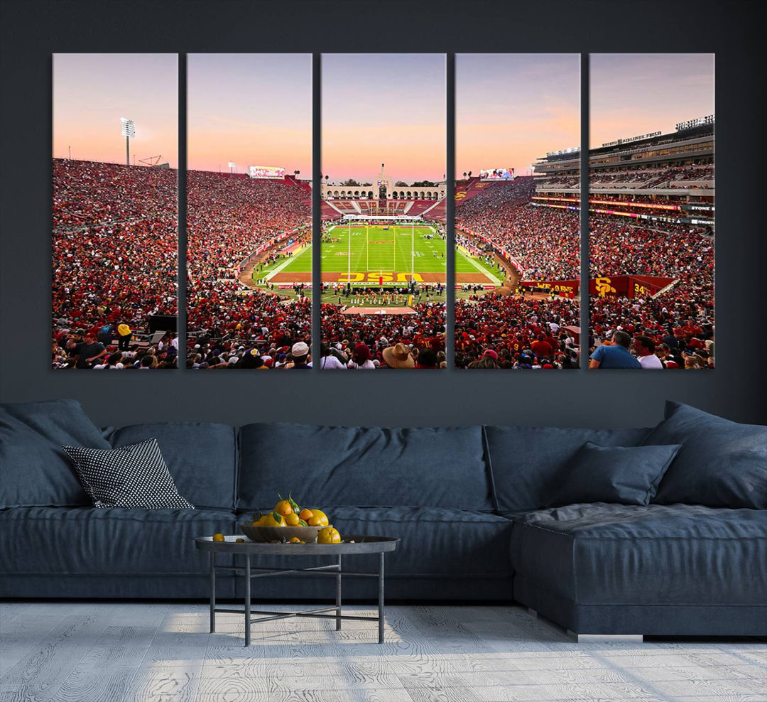 A USC Trojans wall art canvas print highlights the scene, depicting the Coliseum Stadium at sunset.