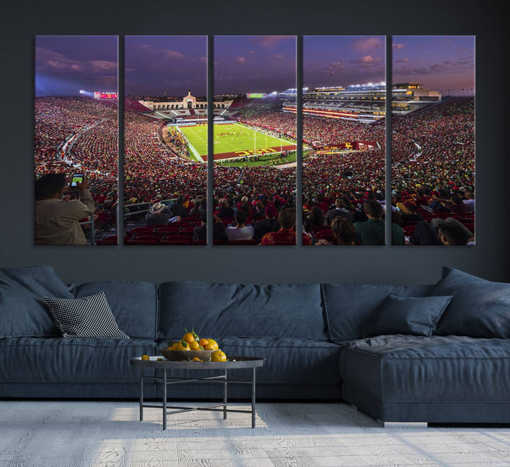 The vibrant wall art canvas print captures the USC Trojans playing under lights at dusk in LA Memorial Coliseum.