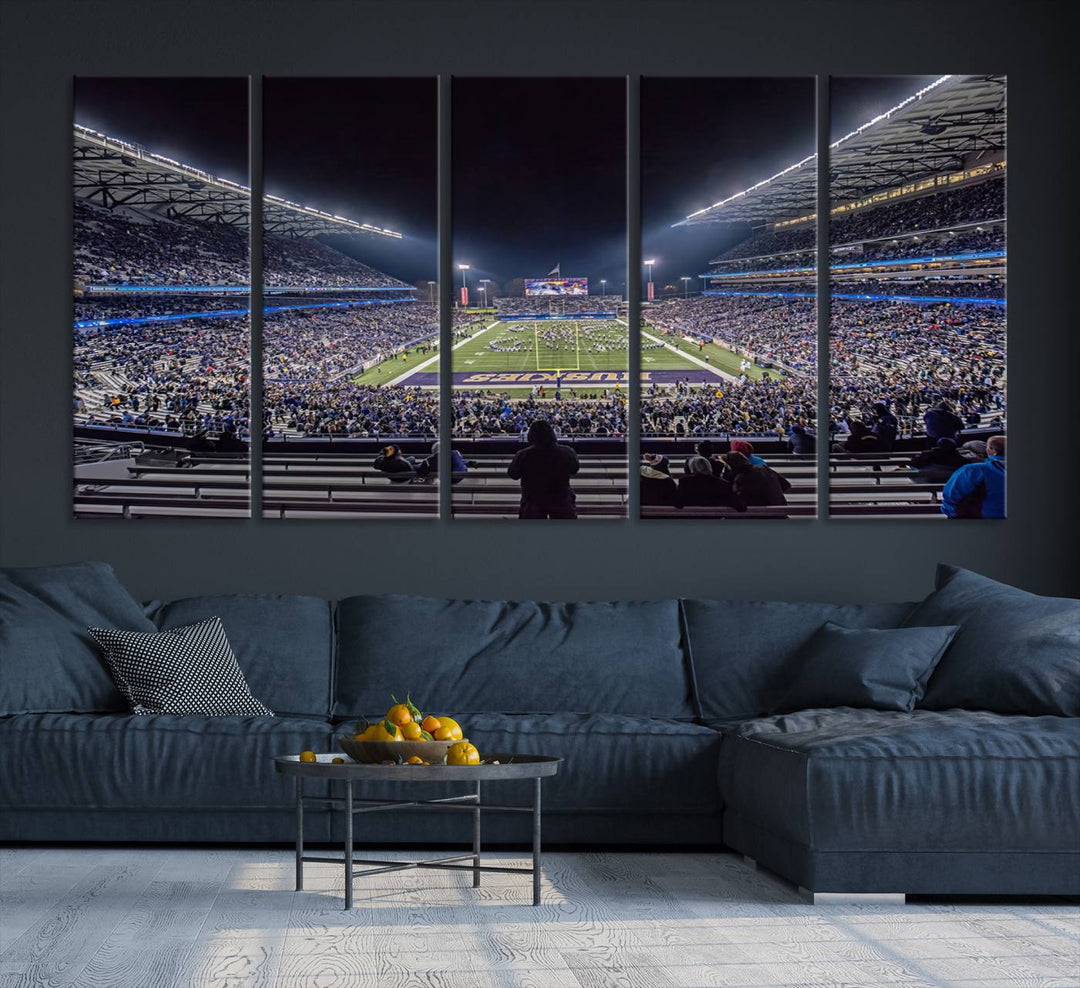 A canvas print titled The University of Washington Huskies Football depicts a packed Husky Stadium at night, as seen from the stands.