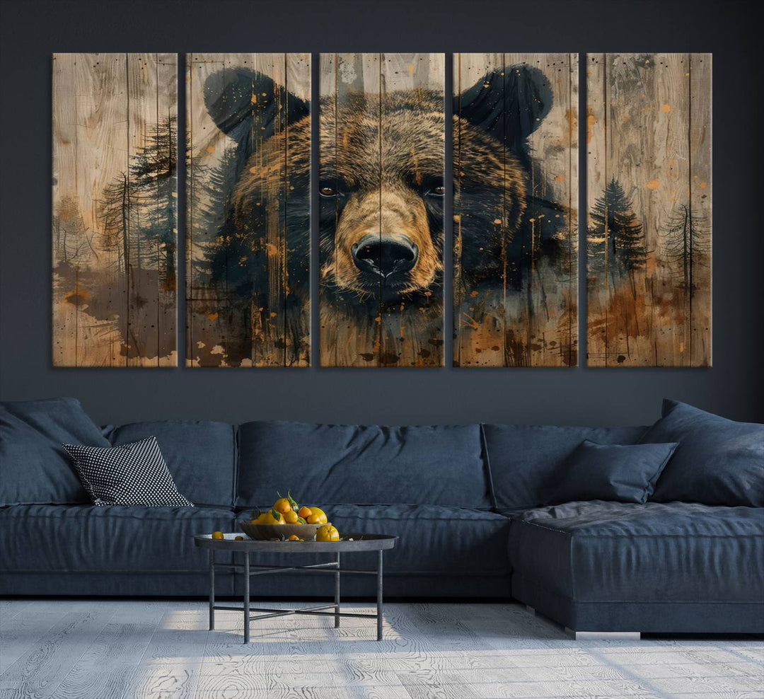 The Abstract 399 Bear Wall Art, featuring a rustic cabin theme with forest design, is framed and ready to hang. It's ideal for lodge, cabin, and barn decor and perfectly complements the nature lover's aesthetic.