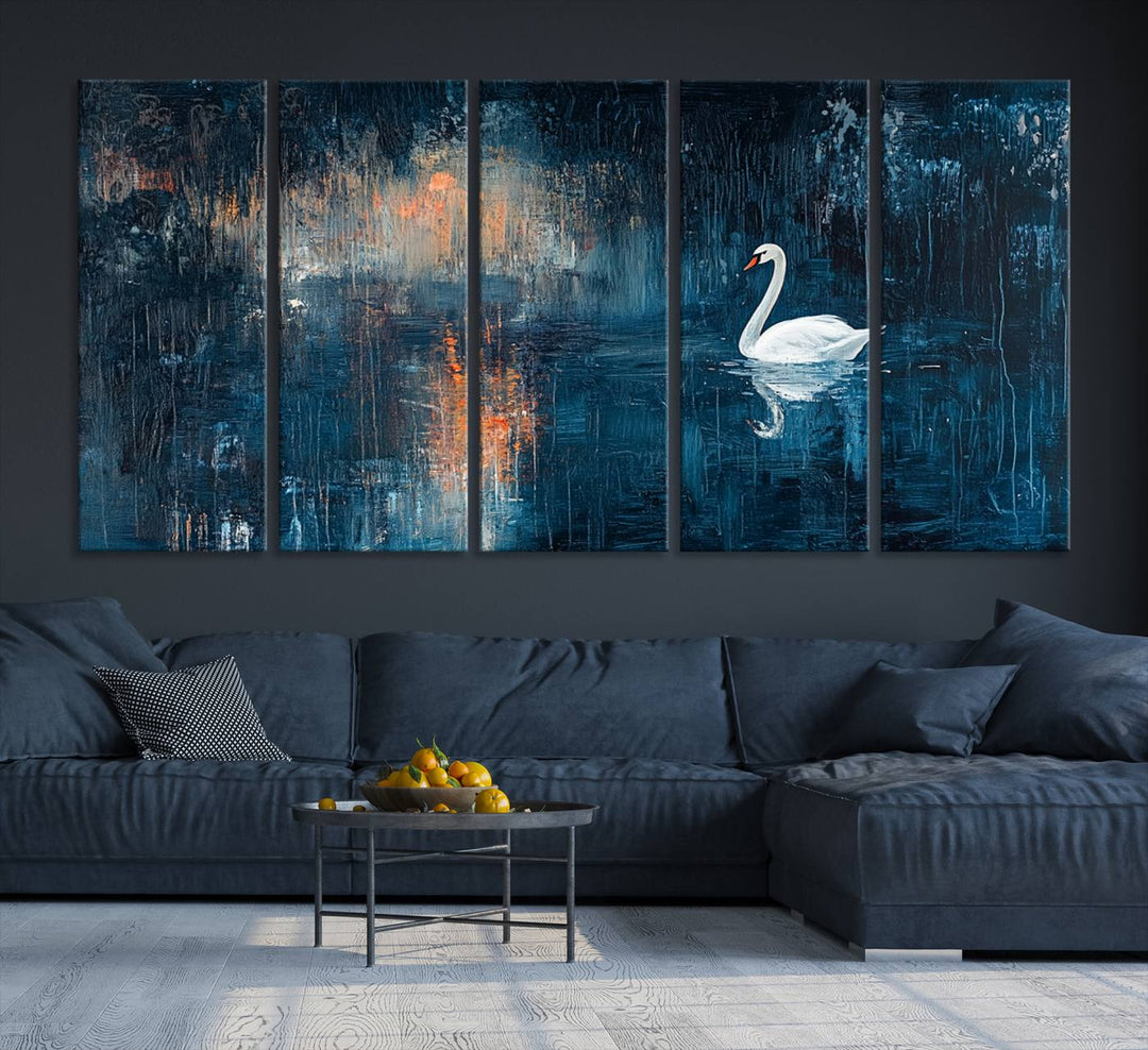 Abstract Swan Wall Art | Moody Blue and Orange Swan Painting on Canvas | Framed and Ready to Hang | Elegant and Modern Art for Living Room or Bedroom Decor