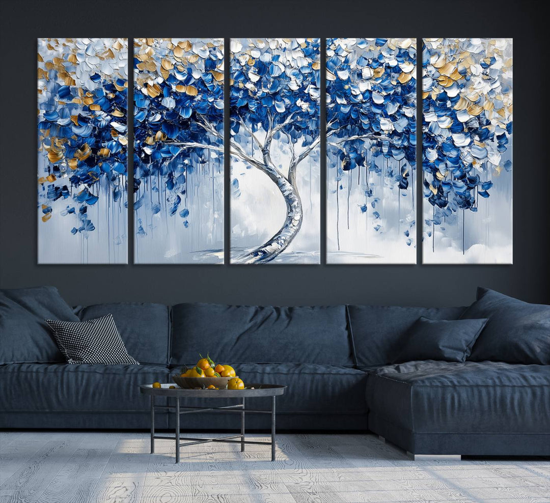 Elegant Blue and Gold Abstract Tree Wall Art | Textured Modern Tree of Life Painting | Framed Canvas Print | Ready to Hang for Dining Room Decor