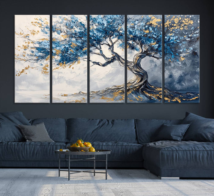 Elegant Abstract Tree Canvas Wall Art | Tree of Life Painting | Textured Art in Blue and Gold | Framed & Ready to Hang for Modern Living Room Decor