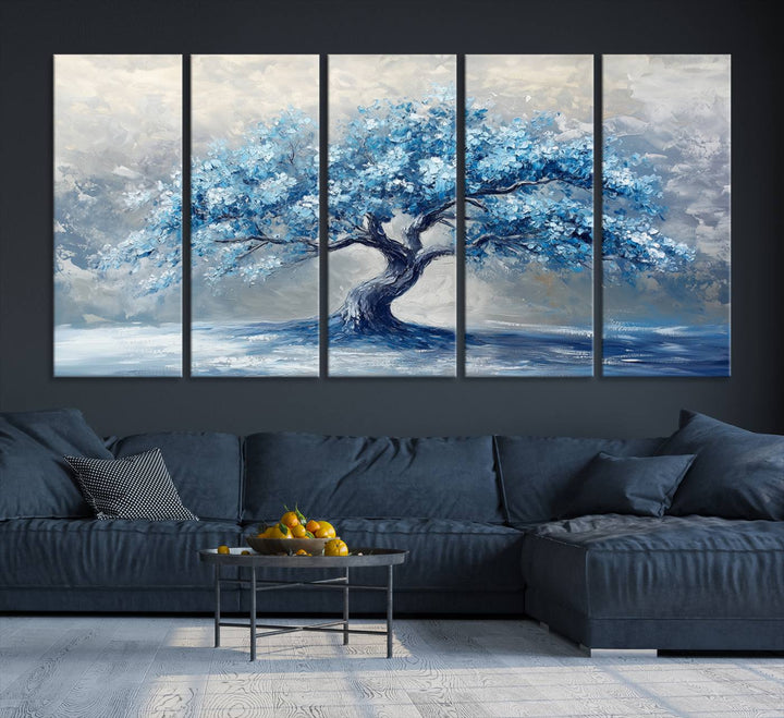 Serene Abstract Blue Tree Wall Art | Canvas Print of a Majestic Tree in Blue Hues | Perfect for Farmhouse, Coastal, and Modern Decor