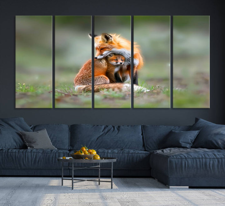 Heartwarming Fox and Baby Cub Wall Art | Ready to Hang Canvas Print of Foxes in Nature | Perfect for Animal Lovers, Rustic Decor, and Cabin Wall Art