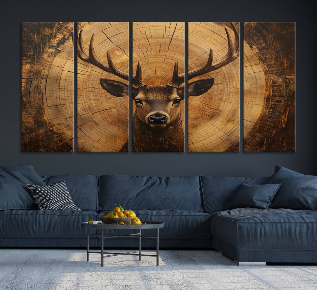 Deer Wall Art Canvas Print | Ready to Hang Canvas Print of a Stag with Rustic Tree Rings | Perfect for Farmhouse Wall Decor, Cabin Wall Art