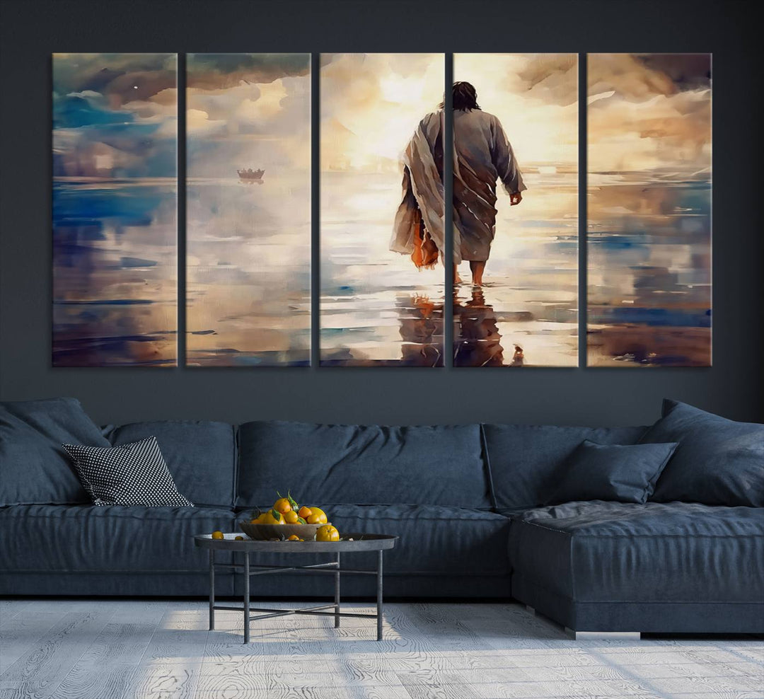 Jesus Walking on Water Wall Art | Ready to Hang Spiritual Triptych Canvas Print | Inspirational Christian Decor for Home or Church