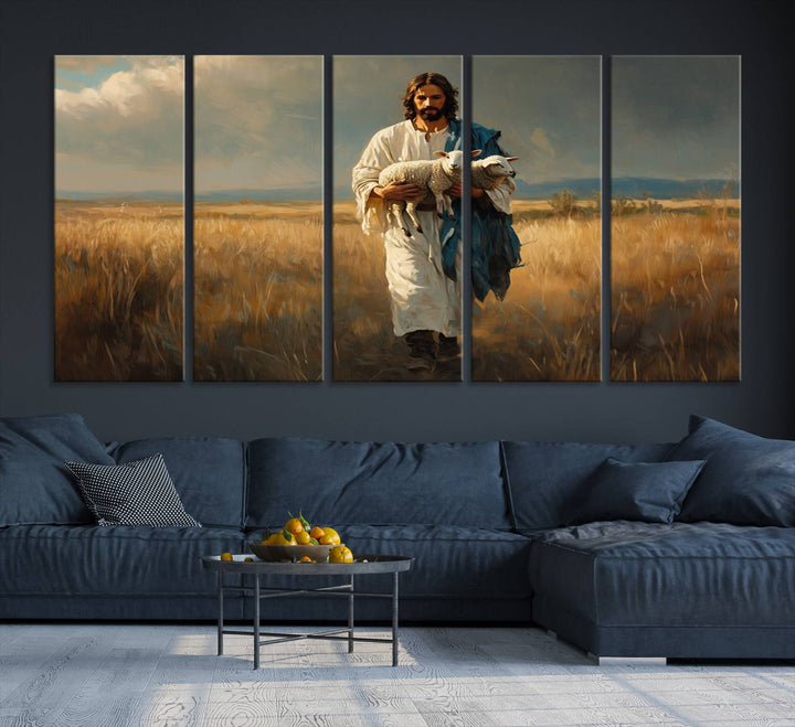 Jesus Shepherd Wall Art | Ready to Hang Triptych Canvas of Jesus Holding a Lamb in a Field | Inspirational Christian Decor for Home