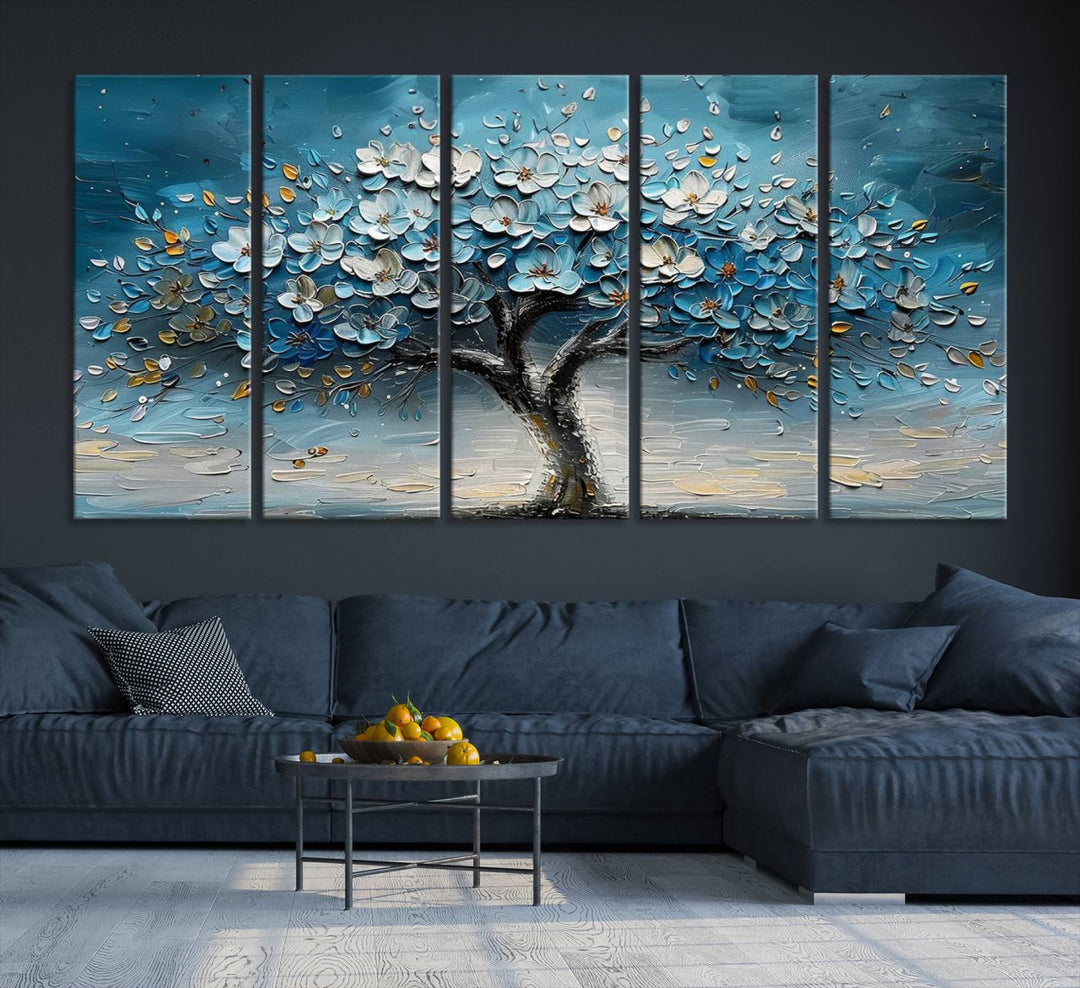 Abstract Blooming Tree Wall Art Print features blue, white, and gold textures on museum-quality canvas, perfect for modern decor.