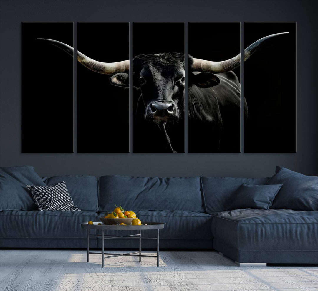 The Texas Black Longhorn Bull Canvas Print, featuring large curved horns set against a dark background, is ideal for Western decor.